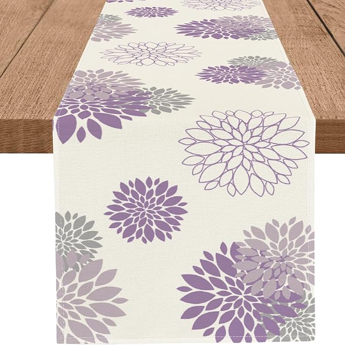 Purple Dahlia Table Runner Modern Elegant Flower Beige Table Runners Geometric Pompon Farmhouse Coffee Table Center Decor for Home Kitchen Dining Party Indoor Outdoor (13x108 Inch)
