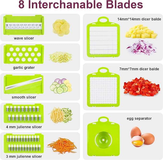 Vegetable Chopper Mandoline Slicer,Veggie Chopper, Multifunctional 10 in 1 Food Choppers, Kitchen Vegetable Slicer Dicer Cutter,Onion Mincer,Cheese,Colander Basket,Kitchen Gadgets (Gray/Green)