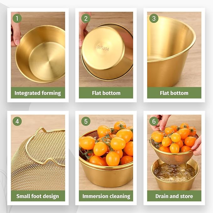 Baderke 2 Pcs Mini Colander & Food Strainer 304 Stainless Steel Small Mixing Colanders Bowl Rice Strainer for Kitchen Cooking Fruit Washing Vegetable (6.3 x 2.76 Inches,Gold)