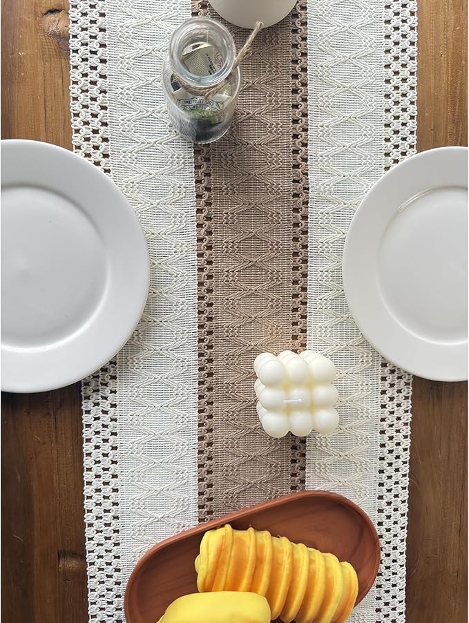Boho Table Runner for Home Decor with Tassels 90 Inches Long, Farmhouse Rustic Cream & Brown Table Runners for Kitchen Holiday Party and Wedding Decor Runner (12x90in, Fringe Included)