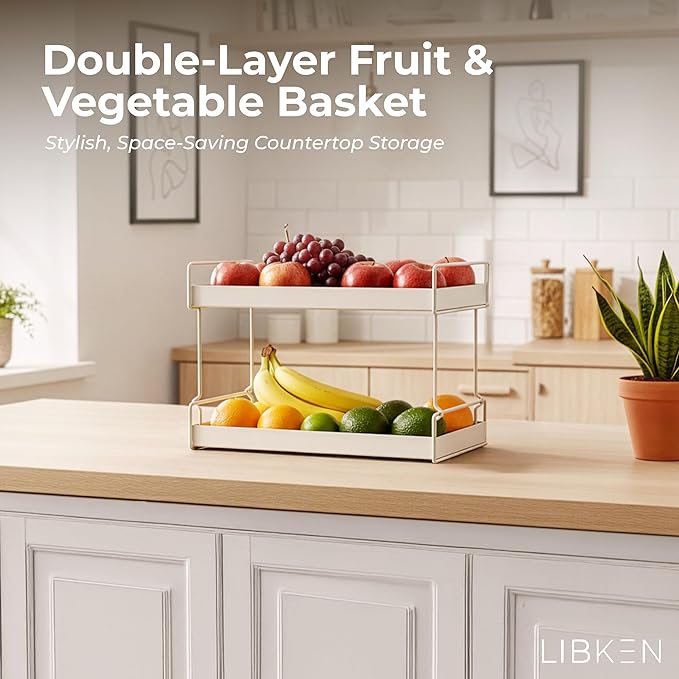 LIBKEN 2-Tier Fruit Basket for Kitchen Counter – Gray Powder Coated Metal Fruit Stand – Minimal Scandinavian Design Countertop Organizer for Fruits, Vegetables, Bread, Snacks – Sturdy & Easy Assembly