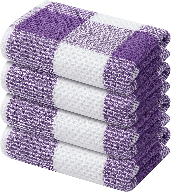 Mordimy 100% Cotton Waffle Weave Kitchen Towels, 13 x 28 Inches, Super Soft and Absorbent Buffalo Check Dish Towels for Drying Dishes, 4-Pack, White & Purple