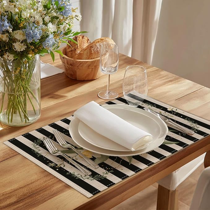 HOMETITUTE Floral Placemats Set of 4 Linen 12x18 Inch Washable Table Mats Black and White Stripes with Daffodil Flowers Decorative Table Placemats Set of 4 Farmhouse Kitchen Dining Everyday Decor