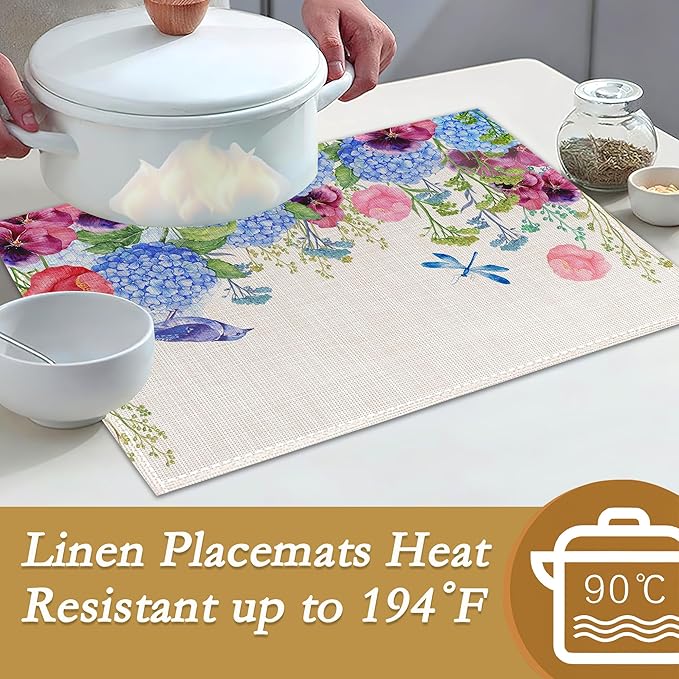 Vintage Floral Botanical Butterfly Placemats Set of 6, 12x18 Inch Waterproof Stain Resistant Linen Table Placemats Summer Seasonal Farmhouse Kitchen Party Decor Home Decor