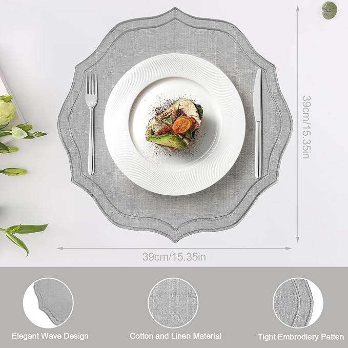 Set of 6 Cotton Linen Placemats, 15x15 Round Scalloped Cloth Table Mats, Embroidery Machine Washable, Wrinkle Resistance Fabric Place Mats for Wedding Summer Baby Shower Party Table Decor-Grey