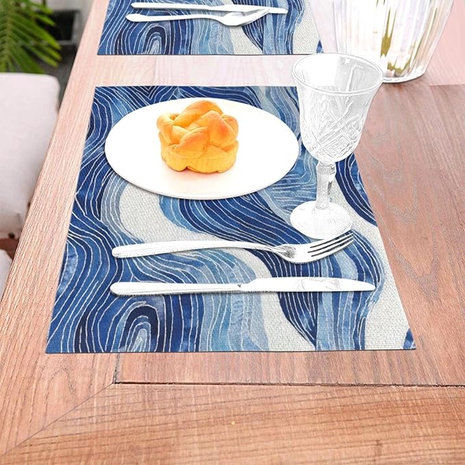 Blue and White Ocean Inspired Linen Placemats Set of 4, Washable Heat-Resistant Decorative Coastal Navy Blue White Wave Patterned Table Mats for Home Dining Parties, Gift for Beach Lovers, Home Decor