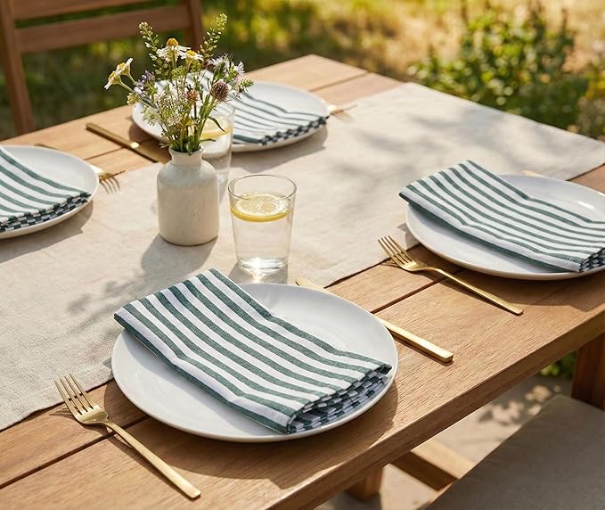 PurpleEssences Plain Striped Cloth Napkins - Set of 12-100% Cotton - 18 x 18 Inch - Spring Easter Summer and Perfect Everyday Use Dinner Napkin - Forest Green and White