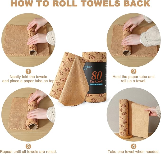 Microfiber Cleaning Cloth Roll,80 Pack Cleaning Towels,Lint Free Rags Paper Towels & Tear Away Reusable Towels,Washable Shop Rags Floral Wipe Cloth,Wash Cloths Dish Rags for Car Kitchen Window