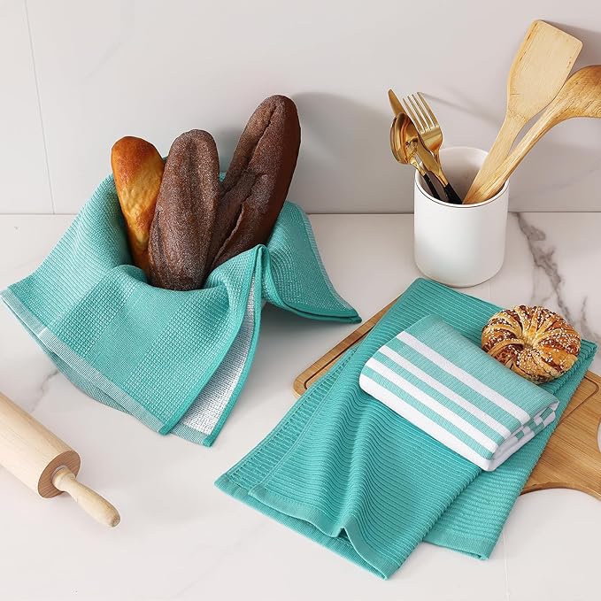 Homaxy Premium Kitchen Towels(18”x 28”, 6 Pack), Large Cotton 380 GSM Kitchen Hand Towels, Soft and Absorbent Terry Dish Towels, Multipurpose Tea Towel Set with Hanging Loop, Teal