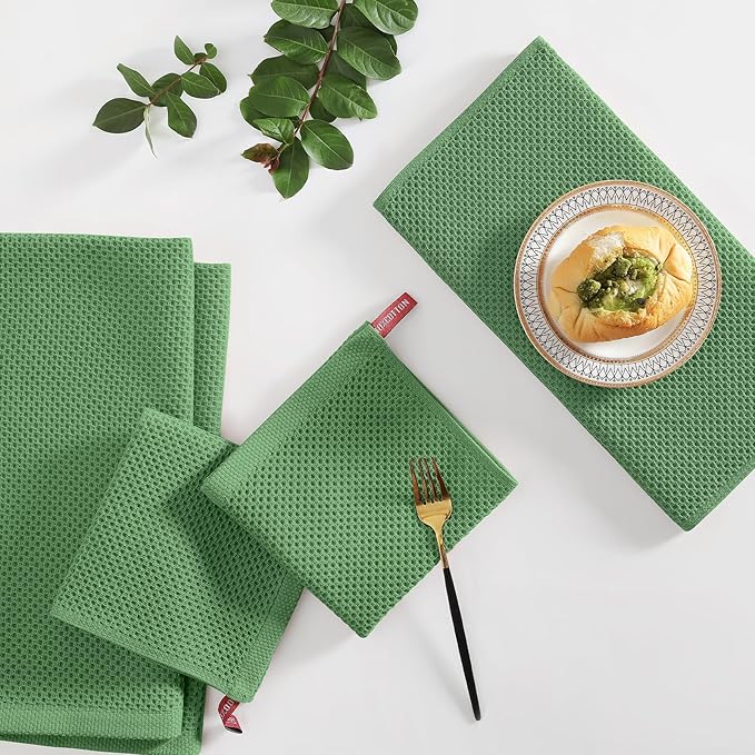 Homaxy 100% Cotton Kitchen Towels and Dishcloths Set, 12 x 12 Inches and 13 x 28 Inches, Set of 16 Bulk Kitchen Towels Set, Ultra Soft Absorbent Dish Cloths for Washing Dishes, Grass Green