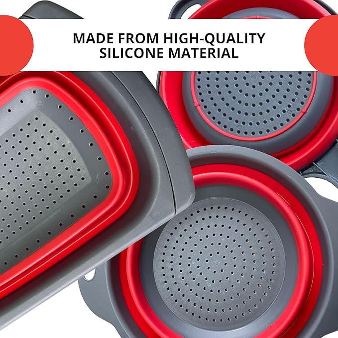 Set of 3 Red Food Strainer for Kitchen - Silicone Sieve Small Foldable Colander for Pasta and Spaghetti Multifunctional Silicone Collapsible Strainer for Camping