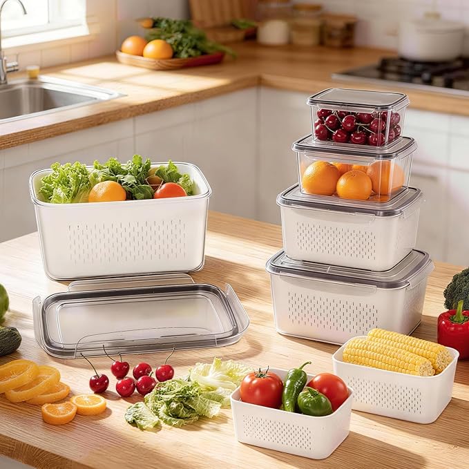 HOMETALL 5 Pack Fruit Storage Containers for Fridge, Plastic Fruit Containers for Fridge with Removable Colanders, Leakproof Fridge Organizers and Storage for Berry Vegetable Salad Lettuce Meat Food
