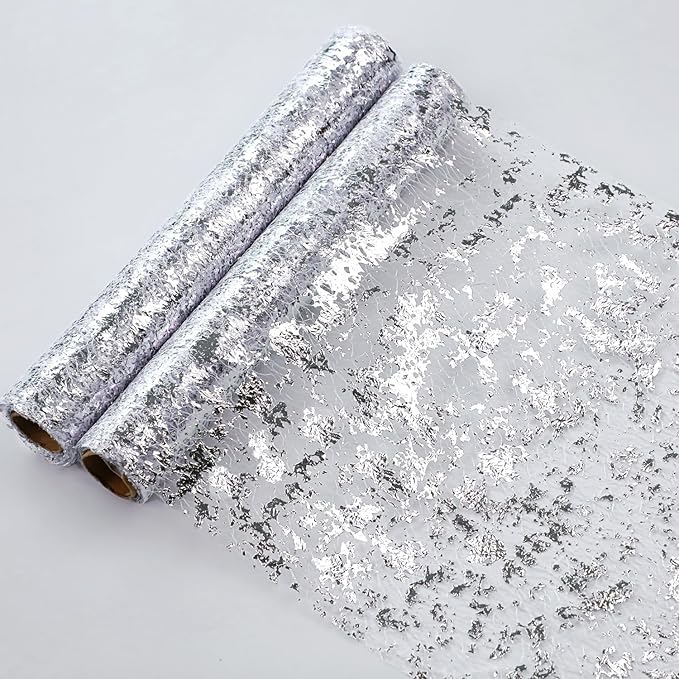 Snowkingdom 2 Pieces Silver Table Runner, Sequin Glitter Foil Metallic Thin Mesh Runner Roll 11"x108", Silver Table Decorations Centerpiece for Wedding Birthday Party Christmas