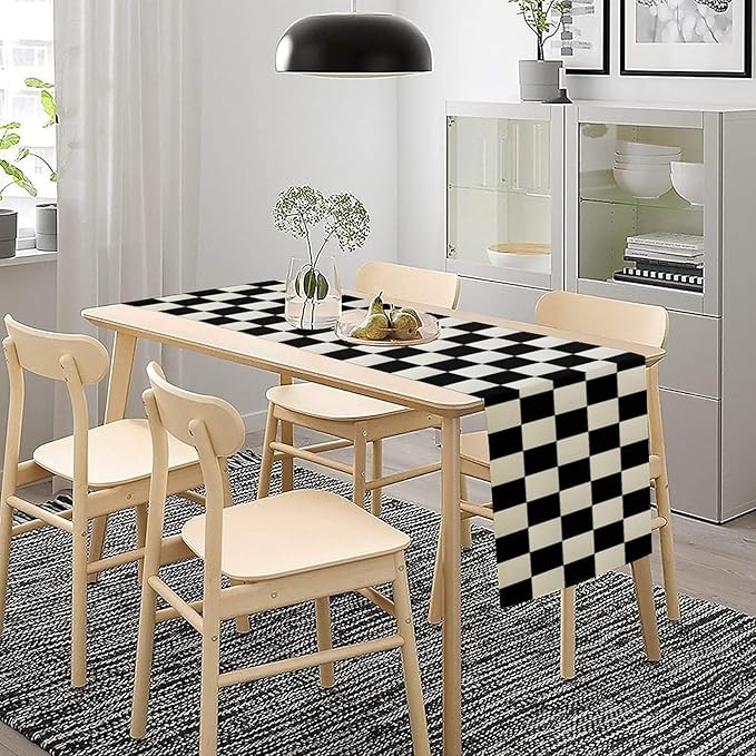 Black White Plaid Table Runner Racing Party Theme Runner for Home Kitchen Birthday Party Dining Table Living Room Decor Fabric 1 Panel W13xL90in