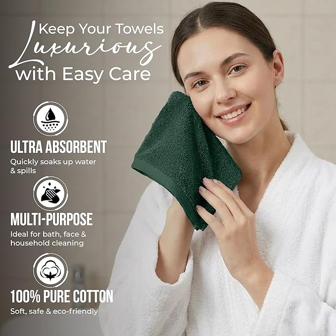 RIVERSIDE Pack of 24 Wash Cloths for Showering, 12 x 12 Inches, Super Soft & Absorbent, 100% Cotton Washcloths Premium Quality Flannel Face Cloths for Bathroom, Gym, Spa (Forest Green, 24 Pack)