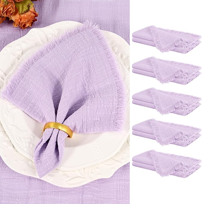 Showgeous 10 Pack Lavender Cloth Napkins with Fringe 16x16 inch 100% Cotton Purple Napkins Handmade Dinner Napkins Bulk Washable Soft Rustic Table Napkins for Wedding Parties Bridal Baby Shower