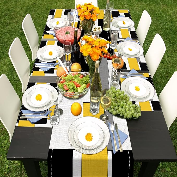ArtSocket Geometric Table Runner and Placemats Set of 6, Yellow Black Grey Abstract Painting Art Dining Decor for Daily Use(1 Table Runner 72 inches Long and 6 Placemats)