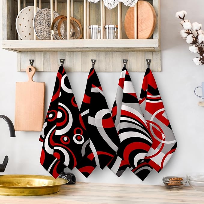 Red Black Grey White Kitchen Dish Towels Set of 4, Soft Absorbent Modern Abstract Decorative Tea Towels for Kitchen, Hand Drying Baking Cooking Cloth 16x24 Inch