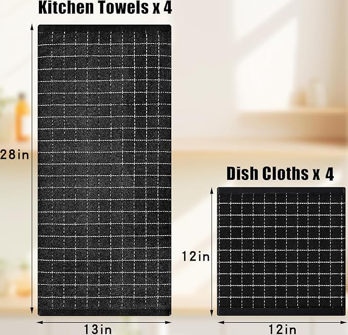 Homaxy Kitchen Towels and Dishcloths Set, 12 x 12 and 13 x 28 Inches, Set of 16 Bulk Cotton Terry Kitchen Towels Set, Checkered Designed, Soft and Super Absorbent Dish Cloths, Black