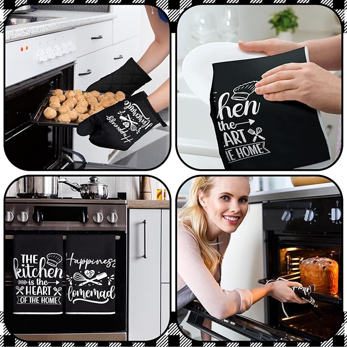 Sratte 6 Pcs Kitchen Decor Accessories Set Farmhouse Towels Pot Holders Oven Mitts Set 2 Dish Towels 2 Potholders 2 Cooking Mittens Oven Glove for Christmas Baking Cooking Supply(Black,Kitchen)