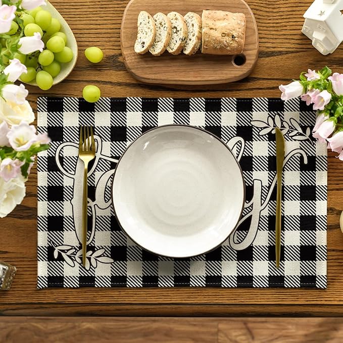 Artoid Mode Love Family Together Home Buffalo Plaid Placemats for Dining Table, 12 x 18 Inch Holiday Vintage Thanksgiving Washable Table Mat Set of 4