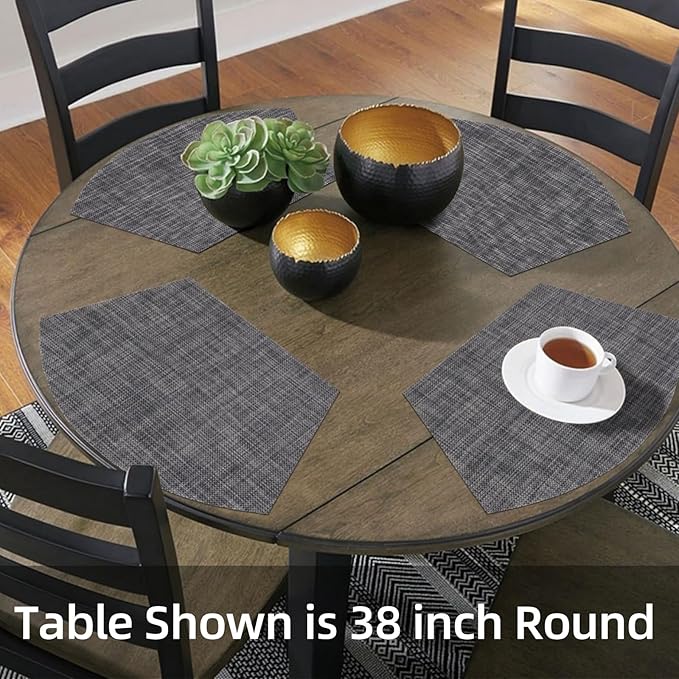 SHACOS Wedge Placemats Set of 4 Woven Vinyl Placemats for Round Table Wipe Clean Curved Fan Table Mats Placement Mat Indoor Outdoor, Dark Gray