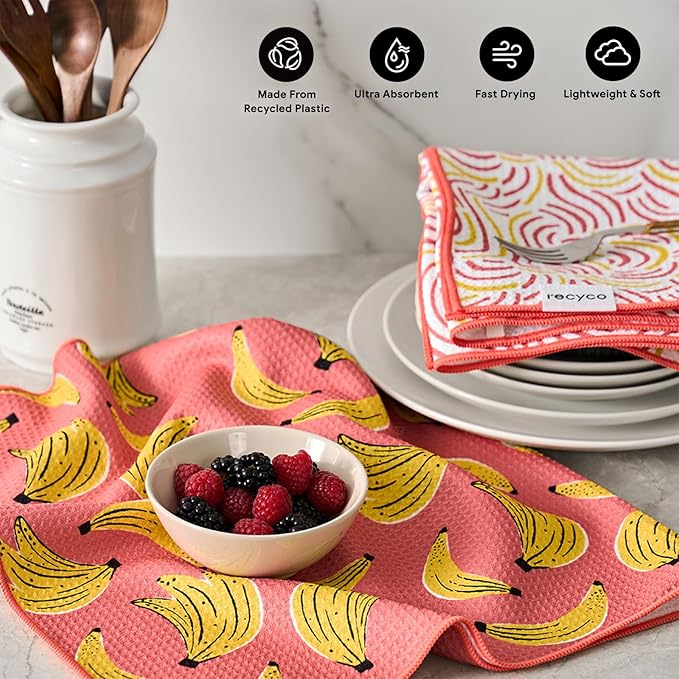 RECYCO Waffle Kitchen Towel Set of 2 - Quick Dry Microfiber Sustainable Dish Towels - Ultra Absorbent Reusable Cleaning Tea Towels - Lightweight Hand Towels,16”x 28”, Banana Joy