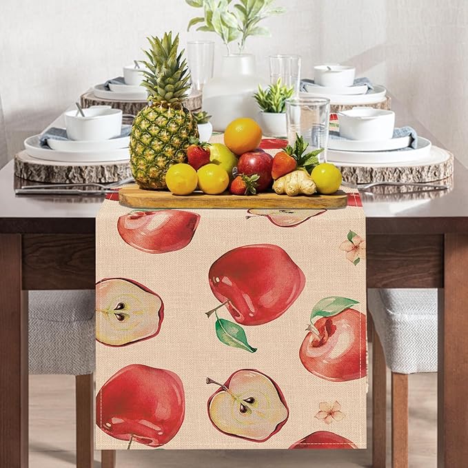 Watercolor Apples Table Runner, Sweet Fruit Kitchen Dining Table Decoration, Spring Summer Burlap Indoor Outdoor Home Decor Party Supply 13 x 108 Inches