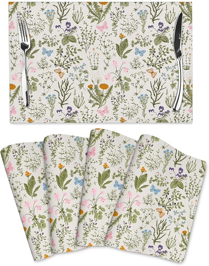 Vintage Wildflowers Placemats Set of 4, Herbs Plants Dining Table Mats, Washable Cute Botanic Spring Summer Sage Green Place Mats for Kitchen Dinner Parties Decor12 x18