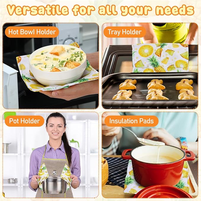 Cunhill 4 Pcs Cotton Microwave Bowl Cozy Holders for Hot Food Hot Pads Soup Bowl Potholders Heat Resistant Multipurpose Quilted Safe Holders for Kitchen Plate Supply(Light Yellow,Pineapple)