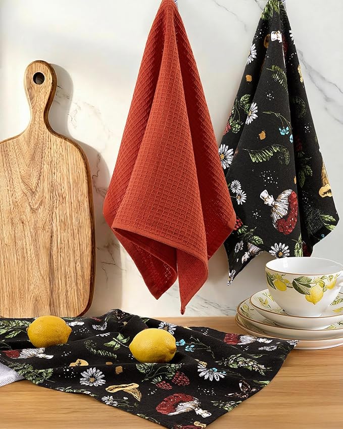 Miss Adola 3pcs Cotton Kitchen Towels - 270 GSM 15x25 Inch Terry Cloths Reusable Dish Cloths for Cleaning Absorbent Soft Hand Tea Towels with Hanging Loop for Housewarming Home Decor, Black Mushroom