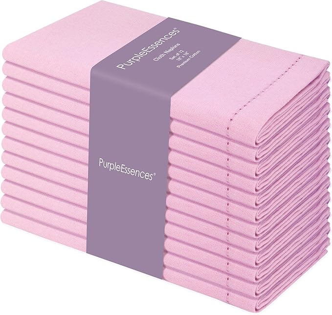 PurpleEssences Set of 12 Hemstitch Cloth Dinner Napkins 100% Cotton - Soft Durable Washable - Ideal for Wedding Spring Easter Summer - Perfect Everyday Use Table Linen 18x18 - Blush Pink