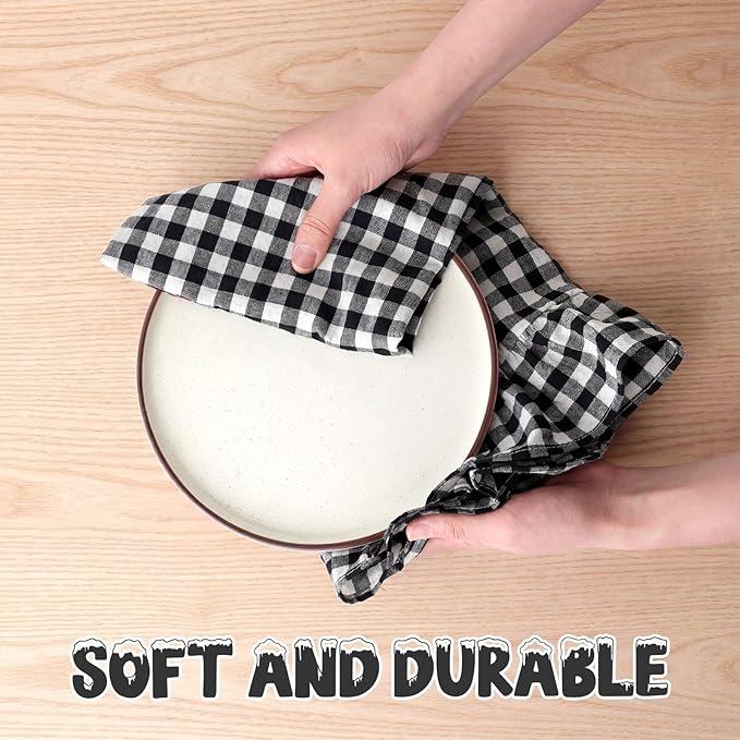 HunnmingRe Matte Black Kitchen Towels Set of 2, 100% Cotton Ruffled Gingham Dish Towels 18"x28" Absorbent Tea Cloths Classic Plaid Pattern for Farmhouse Charm, Drying Dishes, Entertaining Guests