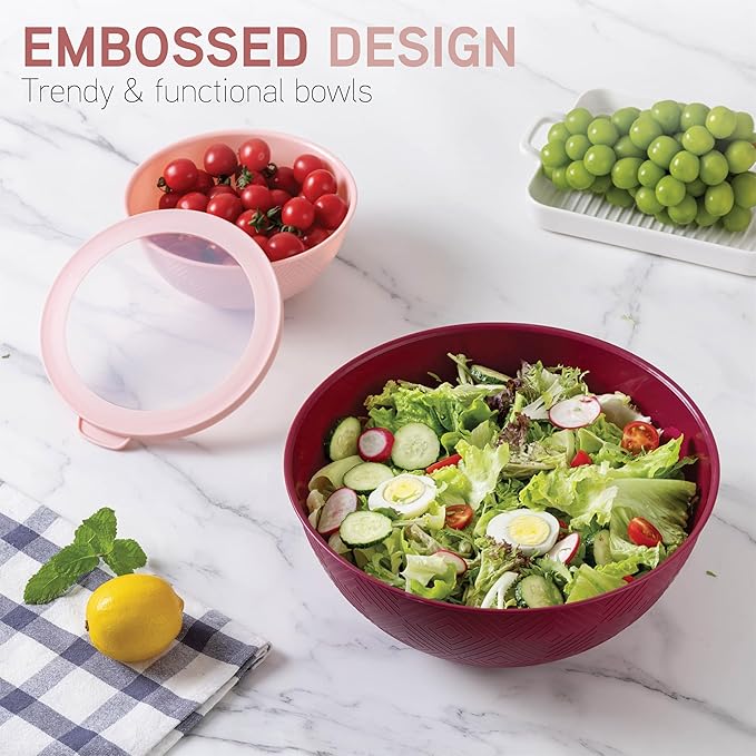 COOK WITH COLOR Mixing Bowls with Lids - 12 Piece Plastic Nesting Bowls Set includes 6 Prep Bowls and 6 Lids, Microwave Safe Mixing Bowl Set, Rose Rhombus