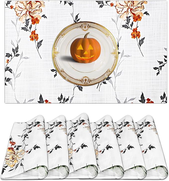 Ruvanti Placemats 100% Cotton 13x19 Inch, Dining Table Placemats Set of 6, Modern Place Mats for Dining Table Decor, Kitchen & Table Linens, Coffee Mat for Christmas Dinners - Grey Floral