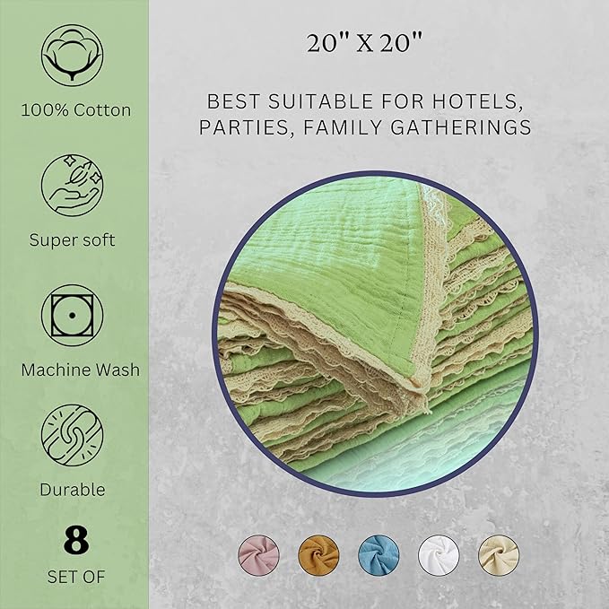Fingercraft Dinner Cloth Napkin Cotton Muslin Double Gauze 8 Pack with Classic Lace for Everyday Use, Wedding, Party, Christmas, Easter Napkins Cloth are Pre Shrunk and Good Absorbency Lettuce Green
