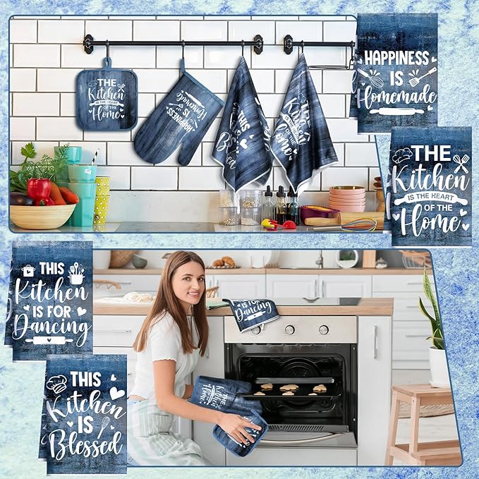 Fourluoo 8 Pcs Blue Kitchen Towels and Dishcloths Sets Oven Mitts and Pot Holders Sets Absorbent Kitchen Gloves Potholders Heat Resistant for Chef Baking Cooking