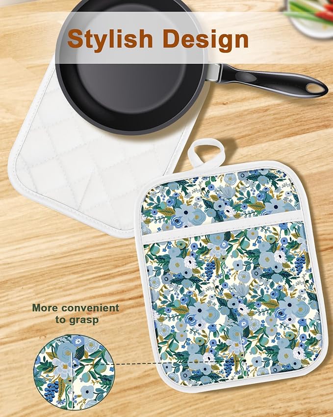 Swooflia 100% Cotton Pot Holders 2 Pack Set for Kitchen with Pockets - Cute 440°F Heat Resistant Oven Hot Pads Heavy Duty for Countertop Home Cooking Baking Microwave BBQ Vintage Flower