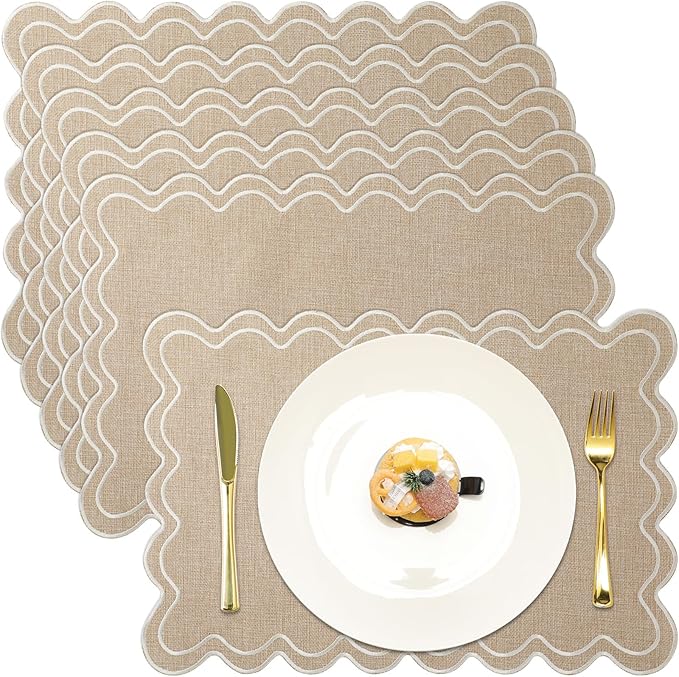HunnmingRe Set of 6 Cotton Linen Placemats, 13x19 Inch Scalloped Wavy Embroidery Placemat Double Layered Washable Rustic Rectangle Dinner Table Mats for Wedding Home Decor(Linen with Beige)