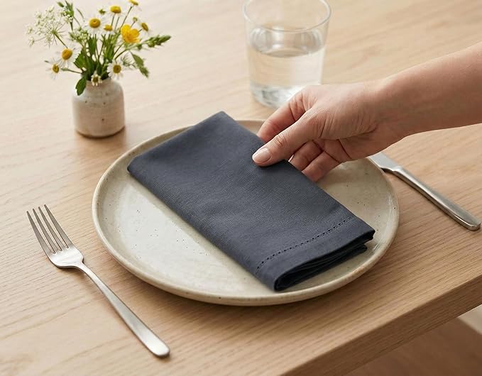 PurpleEssences Set of 12 Hemstitch Cloth Dinner Napkins 100% Cotton - Soft Durable Washable - Ideal for Wedding Spring Easter Summer - Perfect Everyday Use Table Linen 18x18 - Dark Gray