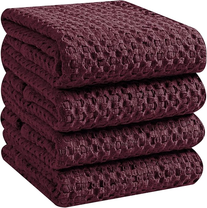 Native Fab 100% Cotton Premium Waffle Kitchen Towels, 4 Pack, 16" x 26", Super Absorbent Reusable Cleaning Cloths, Tea Towels, Machine Washable Hand Towels, Burgundy Wine