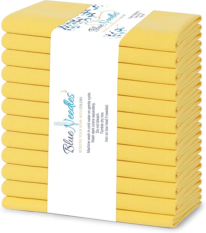 Blue Needles Solid Cloth Napkins Set of 12 Lemon Yellow 100% Cotton Dinner Napkins 18x18 inches - Spring Summer Easter - Soft, Reusable, Absorbent & Washable Linen, Ideal for Parties & Everyday Use