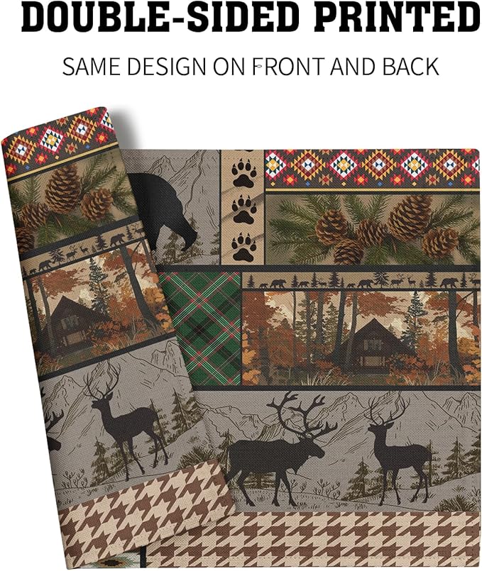 Rustic Lodge Bear Deer Placemats Set of 4, 12x18 Inch Vintage Cabin Pine Cone Wild Animal Place Mats Boho Style Country Heat Resistant Table Mats for Holiday Party Kitchen Dining Table