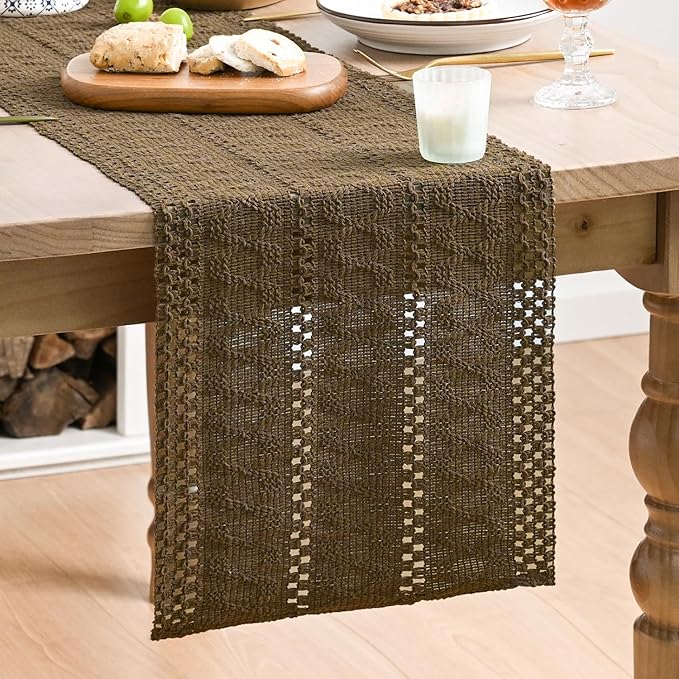 Artoid Mode Light Coffee Farmhouse Woven Rustic Hollow Table Runner, Seasonal Holiday Hollow Kitchen Dining Table Decoration for Home Party Decor 12x48 Inch