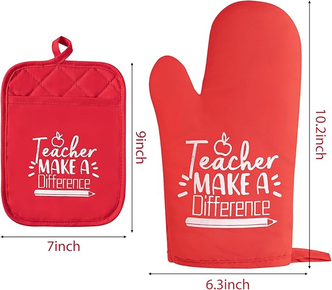 GROBRO7 6Pcs Cotton Oven Mitts Pot Holders Teacher Appreciation Week Gift for Women Men Teacher Make a Difference Pocket Potholder Baking Gloves Thank You Teachers Gifts for Back to School Graduation