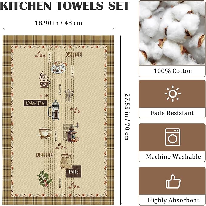 Coffee Tea Towels, Rustic Vintage Cotton Kitchen Towel 18.9×27.5 inch, Quick Drying Dish Cloth for Party Anniversary Holiday Decoration, Housewarming Gifts for Mom