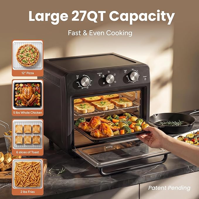 SMIRLY 6-in-1 Air Fryer Toaster Oven Combo, 27QT Convection Oven Countertop, 60 Min Timer, 1800W Oven for Toast, Roast, Bake, Reheat, Broil, Warm, Fits up to a 5 lb Turkey, 12" Pizza, 8 Toast, Black