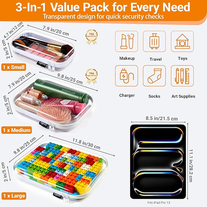 YQBRAO Hard Sided Clear Zipper Case for Storage- Professional-Grade Plastic Clear Zipper Pencil Case,Toy Storage Bins, Toiletry Pouch, Travel Organizer, Cosmetic Bag（White,3 Pack, LMS）