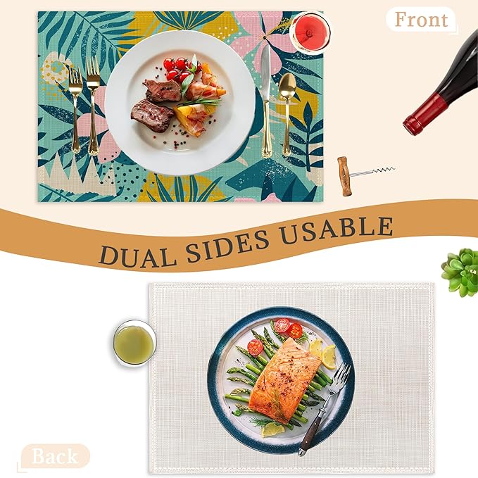 Tropical Leaves Placemats Set of 6,Washable Heat Resistant 12×18 Inch Linen Table Mats Summer Place Mats for Party Outdoor Dining Décor