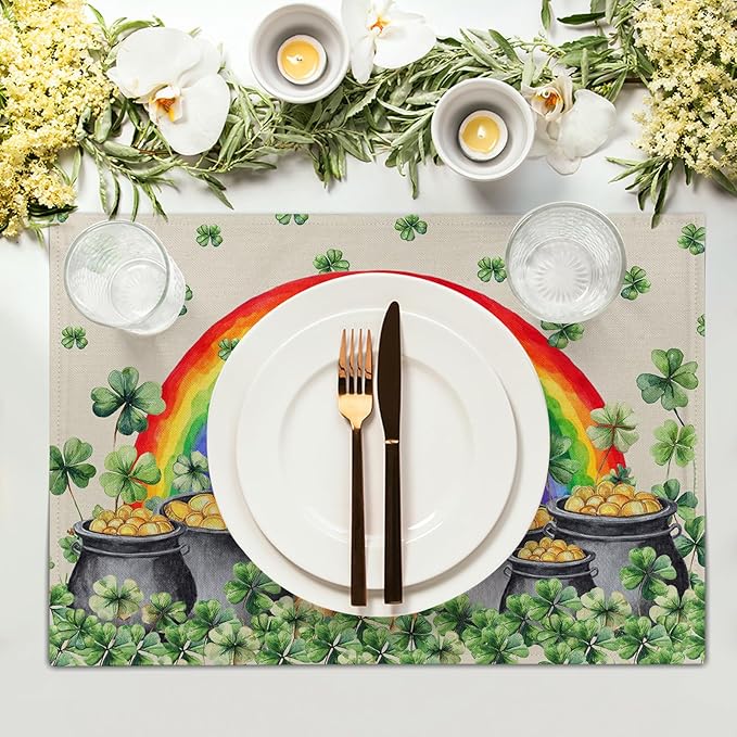 Animal Placemats Set of 4 Lucky Dog St Patrick Linen Table Mats for Kitchen Dining Decor